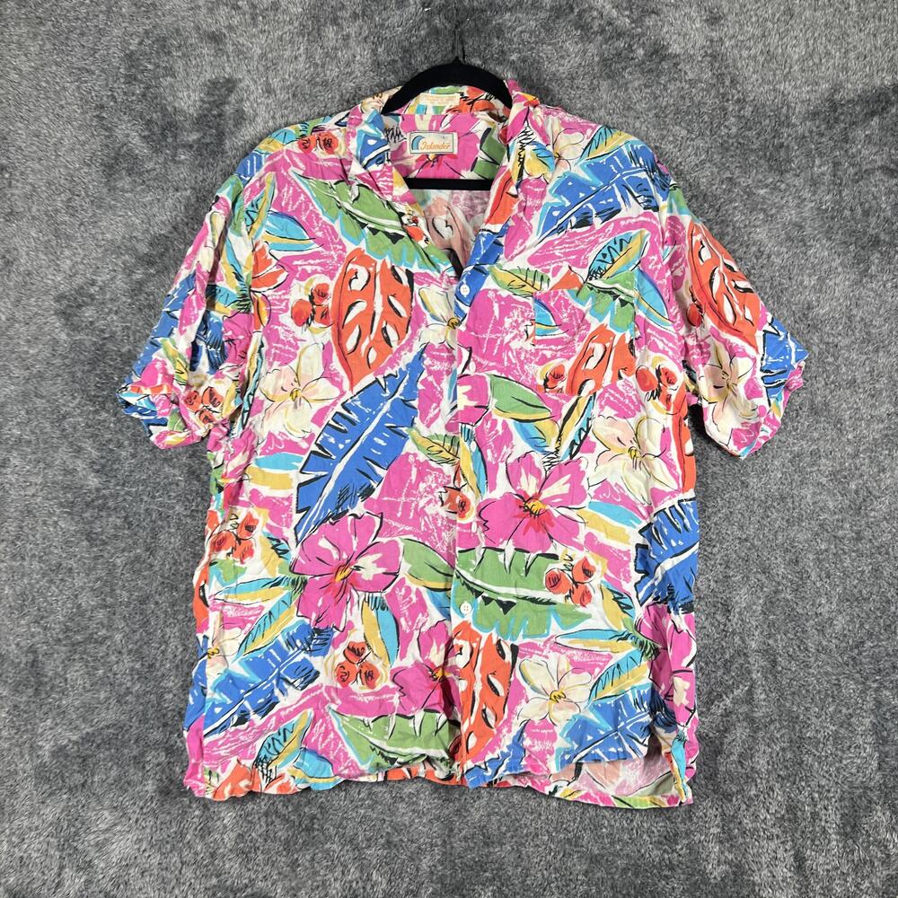 Shirt Mens L Multicolor Short Sleeve Button Up Rayon Floral Islander Relaxed Fit
